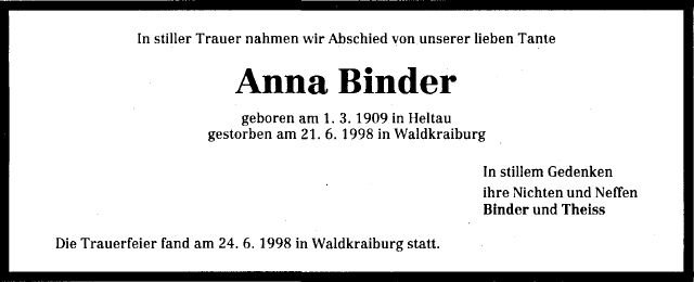 Binder Anna 1909-1998 Todesanzeige